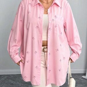 Relaxed Pink Bow-Print Button Down Shirt